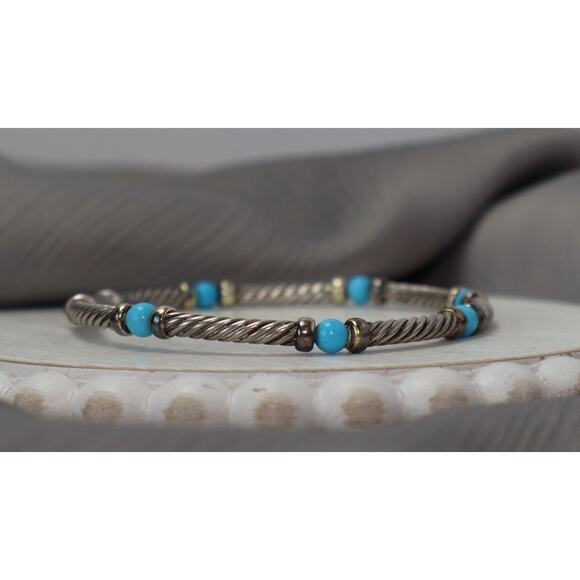 David Yurman 925 & 14k Turquoise Bead Cable Bracelet 9.73G / 6.75In - Picture 4 of 8